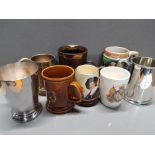 8 MISCELLANEOUS TANKARDS PORCELAIN, SILVER PLATED AND TIMPSON PEWTER IN ORIGINAL BOX ETC