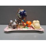 A MALING PEONY ROSE LUSTER DISH CONTAINING 3 PIECE ROYAL WORCESTER CRUET SET BESWICK PHEASANT