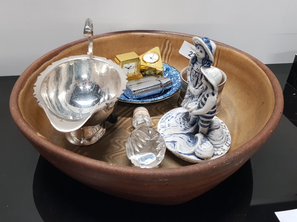 UNSIGNED STUDIO POTTERY DISH WITH MISCELLANEOUS INCLUDING SILVER PLATE, LIGHTERS ETC