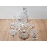 A LOT OF ASSORTED CUT CRYSTAL GLASSWARE INCLUDES DECANTER WITH STOPPER MINI CLOCK ETC