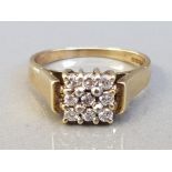 18CT YELLOW GOLD DIAMOND SQUARE CLUSTER RING 4.9G SIZE O