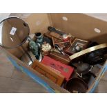 MISC LOT INCLUDING SHAVING MIRROR, COW BELLS, MANTLE CLOCK PLUS FRAMED CIGARETTE CARDS ETC