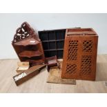 MISCELLANEOUS LOT CONTAINING HAND CARVED HANGING CORNER SHELF, ORIENTAL FOLDING STAND AND VINTAGE