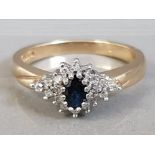 9CT YELLOW GOLD SAPPHIRE AND DIAMOND CLUSTER RING 3.1G SIZE N