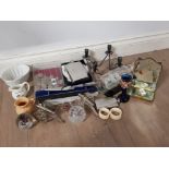 MISCELLANEOUS LOT INCLUDES MINI WHISKY JUGS, GLASS PAPERWEIGHTS, PLATED CANDLE HOLDER AND SILVER