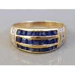 18CT YELLOW GOLD DIAMOND AND THREE ROW SAPPHIRE BAND 3.8G SIZE K1/2