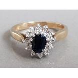 9CT GOLD BLACK SAPPHIRE AND DIAMOND CLUSTER RING 2.6G SIZE K1/2