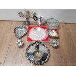 A LOT OF SILVER PLATED ITEMS WHICH INCLUDES A VINERS TEAPOT CANDLESTICKS ETC