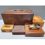 OAK TEA CADDY AND ROLLS ROYCE TRINKET BOX PLUS 4 OTHER WOODEN BOXES