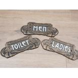 3 CAST METAL SIGNS INC LADIES MEN AND TOILET