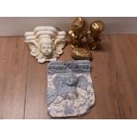 FANTASTIC PIECE OF HANDMADE WALL ART MOSAICWARE TOGETHER WITH GILDED BUSTS AND CHERUB WALL SHELF