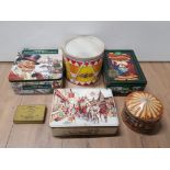 A BOX CONTAINING 6 ASSORTED VINTAGE TINS INC FOXS TRADITIONAL BISCUITS AND CHURCHILL'S CREAM