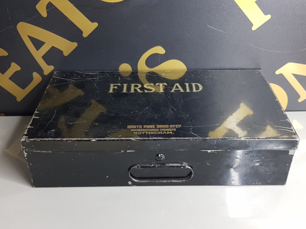 VINTAGE TIN METAL BOOTS MANUFACTURING CHEMIST FIRST AID BOX