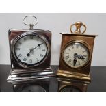 HEAVY BRASS QUARTZ TRAVELLING CLOCK WITH A PLATED SIMILAR CLOCK