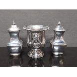 A PAIR OF MAPPIN AND WEBB SALT AND PEPPER SHAKERS TOGETHER WITH A VINERS SILVER PLATED TWIN LION