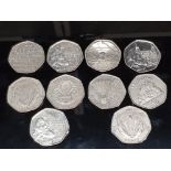 10 COLLECTABLE 50 PENCE PIECES INC NHS 50TH ANNIVERSARY AND OLYMPIC GAMES BADMINTON ETC