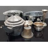 MISCELLANEOUS LOT OF ITEMS TO INCLUDE SILVER PLATED TEAPOT, CREAM JUG AND SUGAR BOWL ALSO INCLUDES