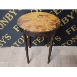 CIRCULAR TOPPED OCCASIONAL TABLE WITH HIGHLY DECORATIVE ETCHED LOVERS WITH ROSES DESIGN