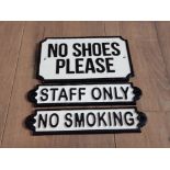 3 CAST METAL SIGNS INC STAFF ONLY NO SMOKING AND NO SHOES PLEASE
