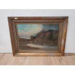 GILT FRAMED OIL ON CANVAS OF A LAKE SCENE SIGNED INDISTINCT 38CM X 59CM