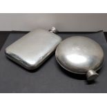 VINTAGE ROUND PEWTER HIP FLASK BY WENTWORTH PEWTER AND VINTAGE OBLONG PEWTER HIP FLASK BY EDWIN