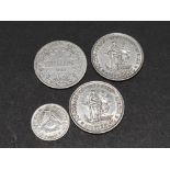 4 SILVER SOUTH AFRICAN COINS, SHILLINGS DATED 1896, 1934, 1950 AND 1945 3D