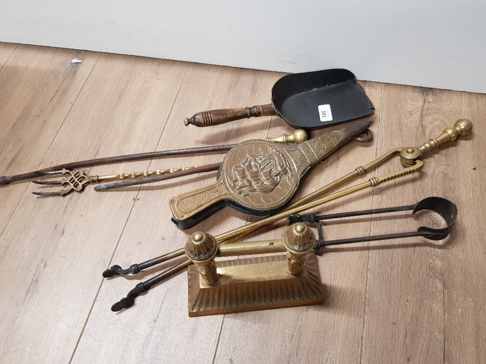 BRASS FIRE COMPANION TOOLS WITH SMALL BELLOWS AND ANDIRON