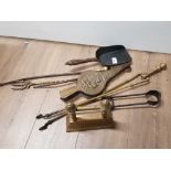 BRASS FIRE COMPANION TOOLS WITH SMALL BELLOWS AND ANDIRON