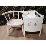 PAINTED DOLLS BENTWOOD ARMCHAIR 42CM PLUS VINTAGE PAINTED DOLLS COT 30CM X 52CM