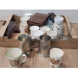 A BOX OF MISCELLANEOUS ITEMS INC COMMEMORATIVE MUGS PEWTER TANKARDS ETC