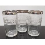 3 HALMARKED BIRMINGHAM SILVER 1927 GLASS BEAKERS