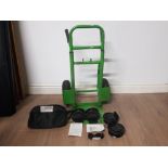 ADJUSTABLE GREEN HEAVY DUTY SACK BARROW TOGETHER WITH TRAVEL TACKLE MULTI RACK IN BAG