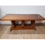 AFRICAN HARDWOOD COFFEE TABLE SUPPORTED BY 3 ELEPHANT PEDESTALS 111CM X 44CM