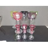 A SET OF 5 COLOURED BOHEMIAN HOCK CORDIAL DRINKING GLASSES 20CM TALL PLUS 3 CORDIAL