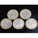 5 COLLECTABLE UK 2 POUND COINS INCLUDING 2013 ANNIVERSARY OF THE GOLDEN GUINEA AND 2012 CHARLES
