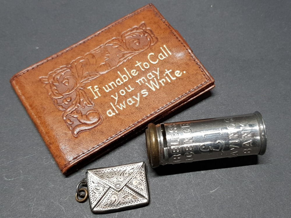 STERLING SILVER STAMPED STAMP ENVELOPE TOGETHER WITH LEATHER STAMP HOLDER AND 1POUND SAVINGS BANK - Image 3 of 3