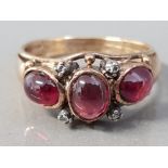 YELLOW GOLD RED STONE THREE STONE RING 3.2G SIZE N1/2