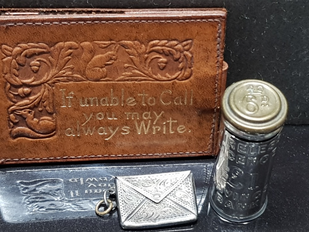 STERLING SILVER STAMPED STAMP ENVELOPE TOGETHER WITH LEATHER STAMP HOLDER AND 1POUND SAVINGS BANK - Image 2 of 3