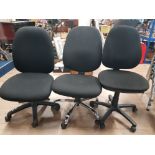 3 BLACK OFFICE CHAIRS ONE WITH CHROME BASE