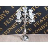 CHROME BASED 5 BRANCH CANDELABRA WITH GLASS HOLDERS