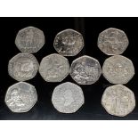 10 COLLECTABLE 50 PENCE PIECES INC BATTLE OF HASTINGS AND GIVE WOMAN THE VOTE ETC