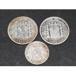 3 ANTIQUE SPANISH SILVER COINS 1/2 PESETA 1880 AND 1 PESETA 1870 AND 1891