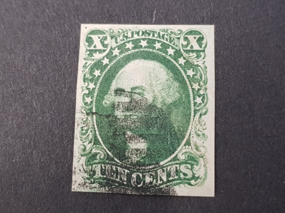 USA 1855 TEN CENTS GREEN WASHINGTON STAMP, USED EXAMPLE SCOTT 14, WITH PHILATELIC FOUNDATION