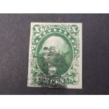 USA 1855 TEN CENTS GREEN WASHINGTON STAMP, USED EXAMPLE SCOTT 14, WITH PHILATELIC FOUNDATION
