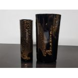 TUBE VASE AND ELIPTIC ART GLASS VASE BY STUART STRATHEARN IN THE EBONY AND GOLD PATTERN DESIGN BY