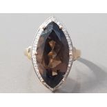 9CT YELLOW GOLD LARGE MARQUIS SHAPE SMOKEY QUARTZ AND WHITE STONE RING LITTLE DIAMONDS 4.6G SIZE L