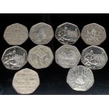 10 COLLECTABLE 50 PENCE PIECES INC SHERLOCK HOLMES AND BENJAMIN BRITTEN ETC