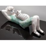 ART DECO STYLE FIGURE OF LADY LYING G DOWN WITH CAT SIGNED R. COX