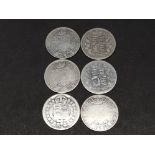 6 VICTORIAN SILVER HALF CROWNS DATED 1884,1890,1894,1895 AND 1898