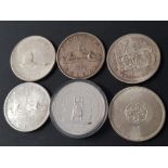 6 CANADIAN COINS SILVER 1 DOLLAR COINS DATED 1958, 59, 64, 65, 67 AND 77